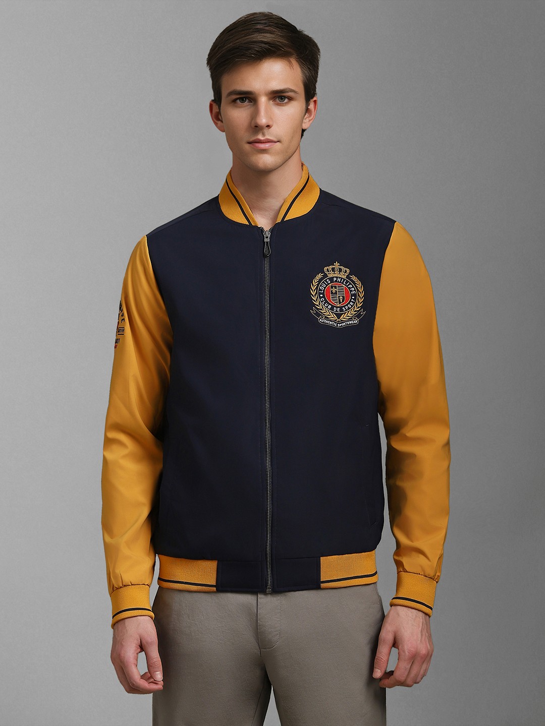 

Louis Philippe Sport Men Solid Mandarin Collar Open Front Jacket, Navy blue