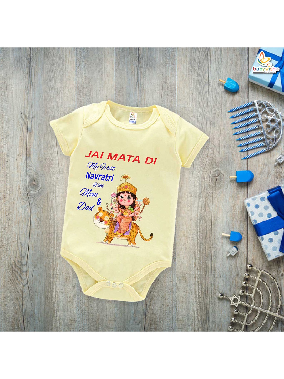 

Babywish Unisex Navaratri Special Printed Cotton Bodysuit, Yellow