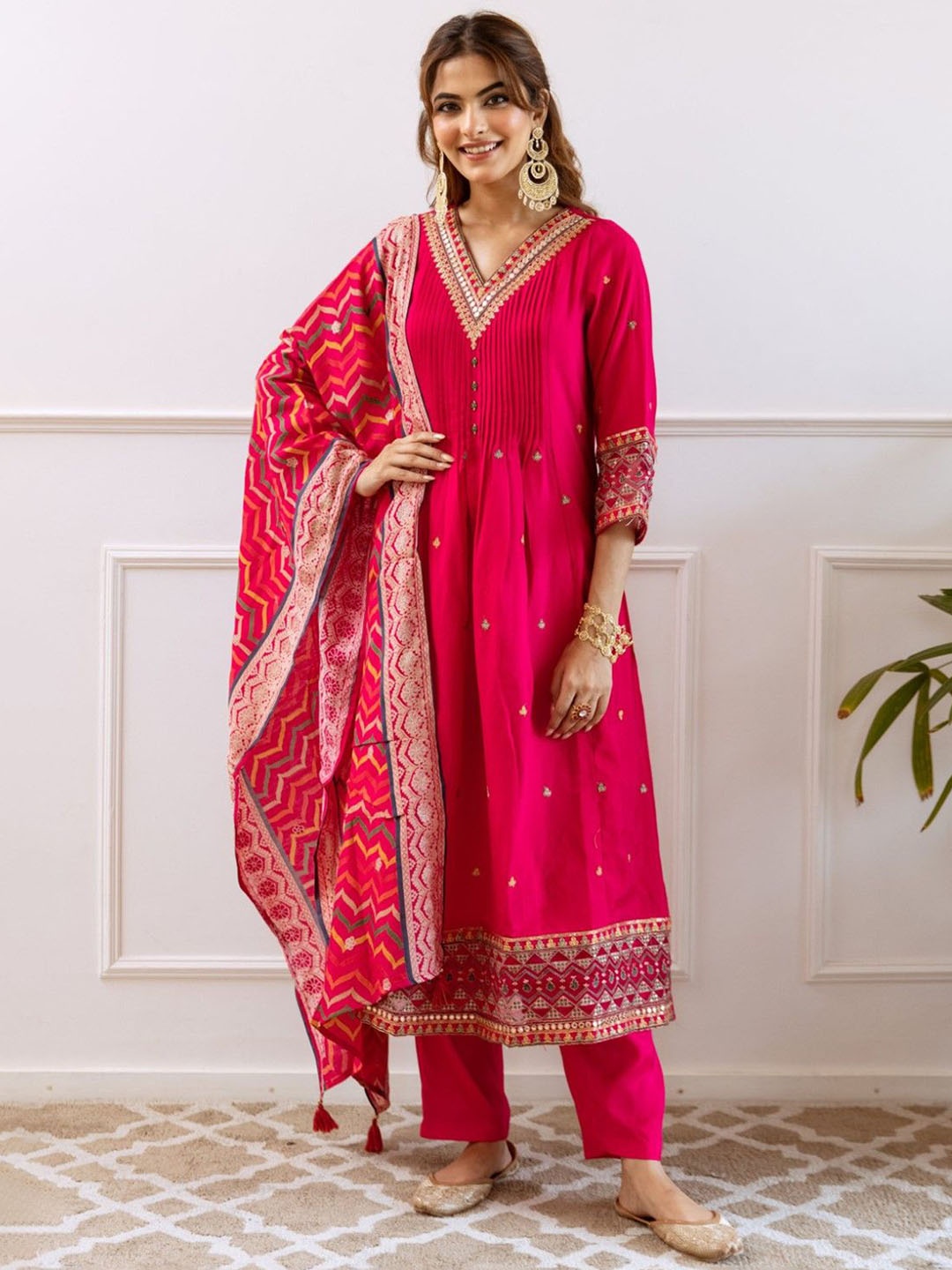 

AUTUMN LANE Floral Sequinned Yoke Design Pure Cotton A-Line Kurta with Trouser & Dupatta, Magenta