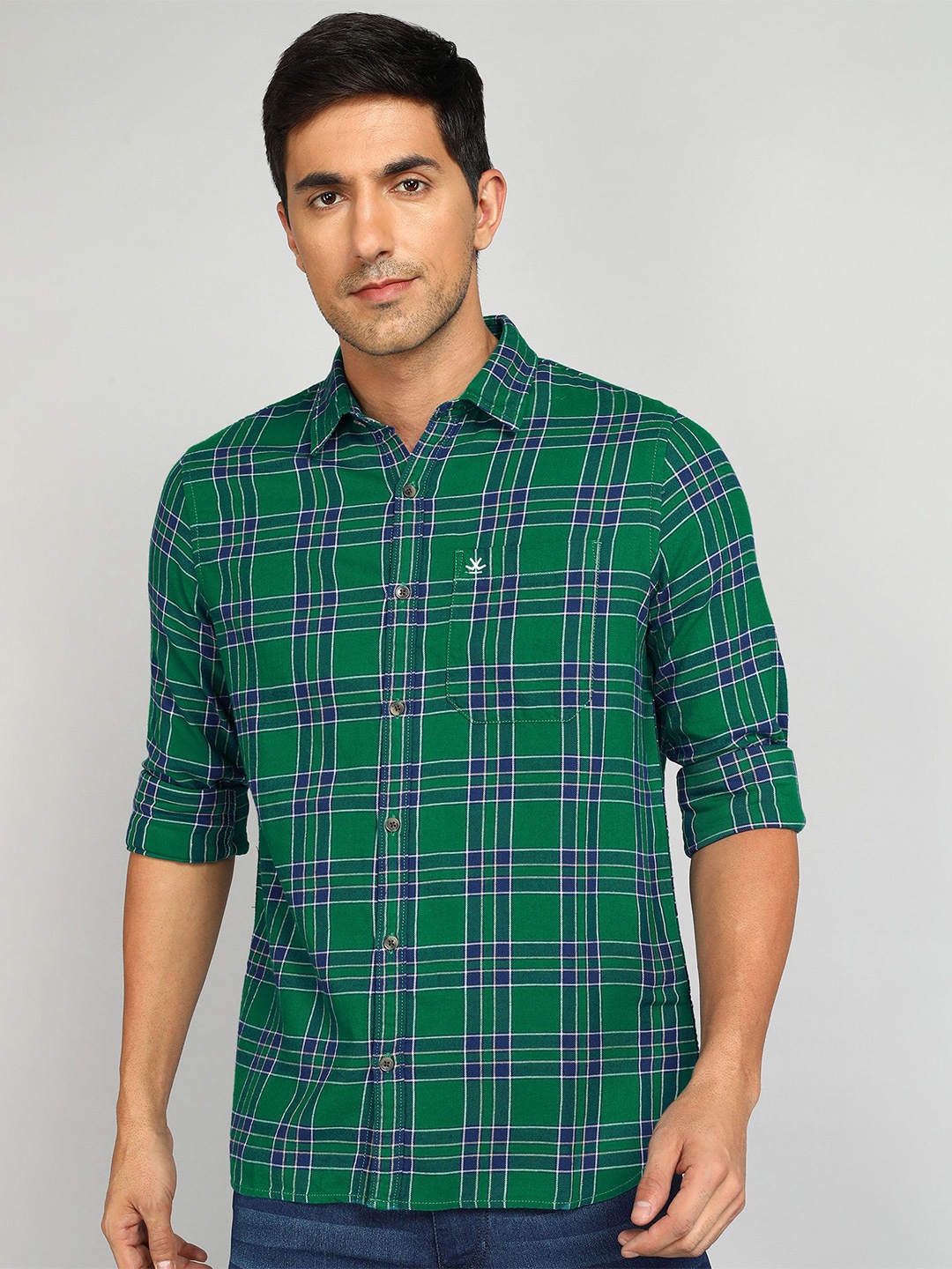 

WROGN Men Spread Collar Tartan Checked Cotton Casual Shirt, Green