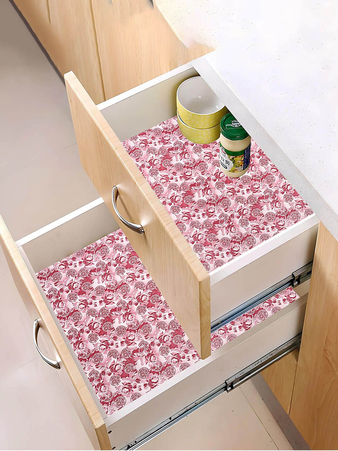 

Kuber Industries Cream & Pink 3 Pieces Floral Printed Shelf Liner Organisers