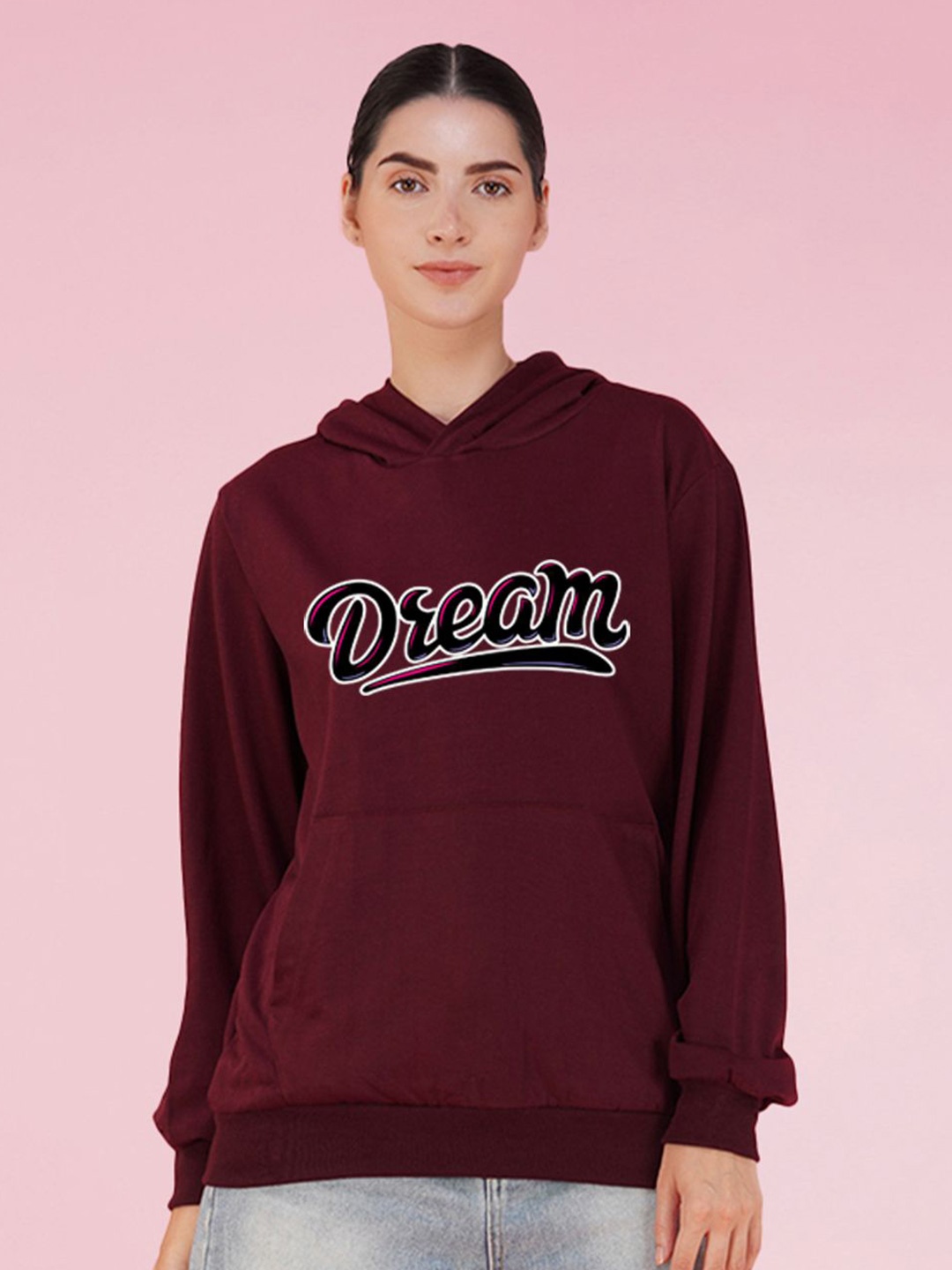 

NUSYL Women Typography Printed Hood Fleece Pullover Oversized Sweatshirt, Maroon