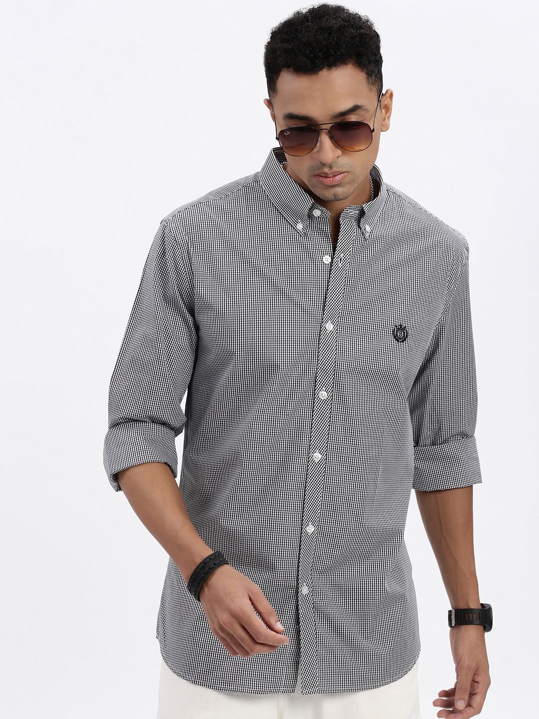

SHOWOFF Men Standard Button-Down Collar Micro Checked Cotton Slim Fit Casual Shirt, Grey