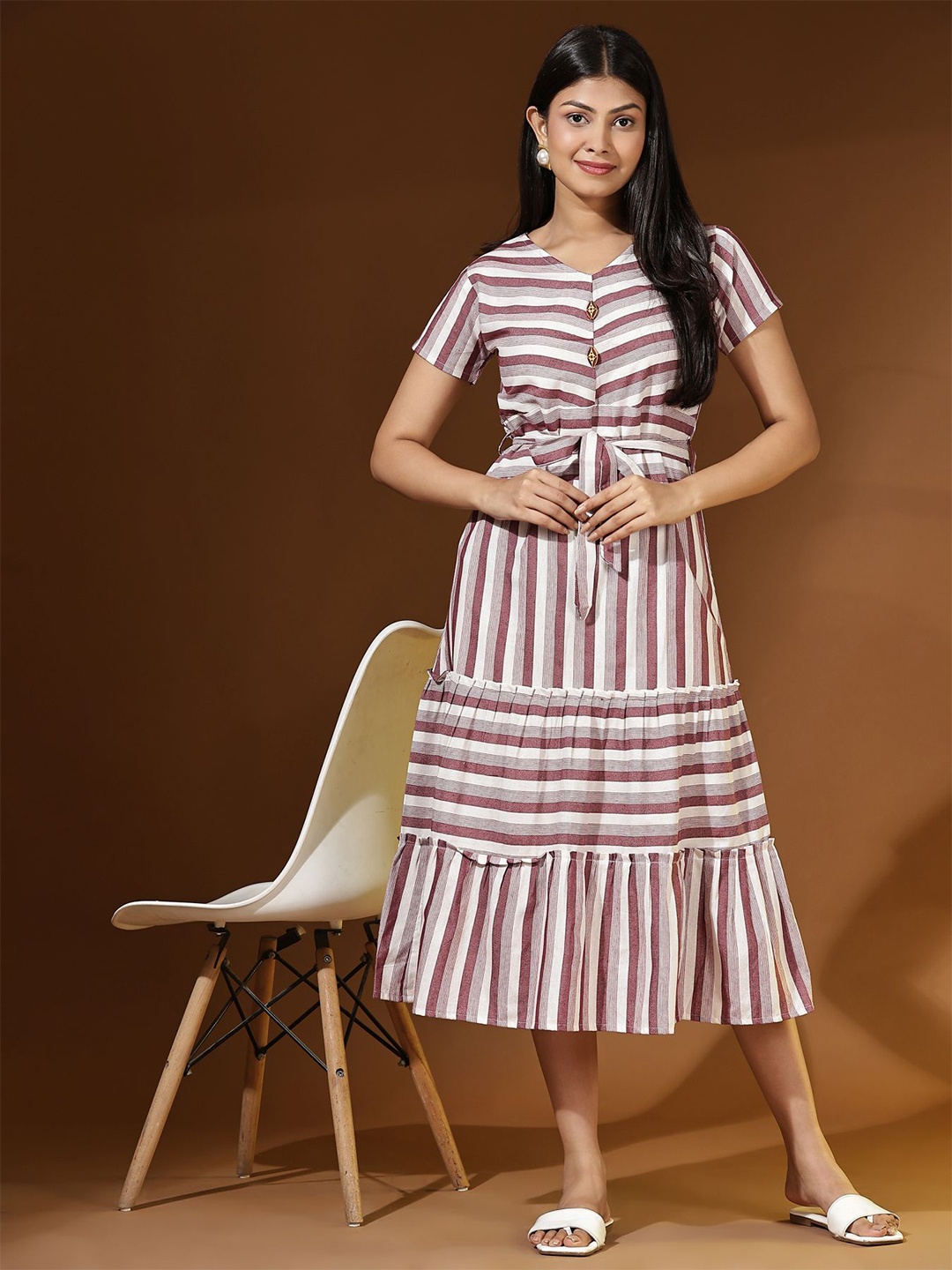 

GRANTH FASHION Striped cotton A-Line Dress, Brown