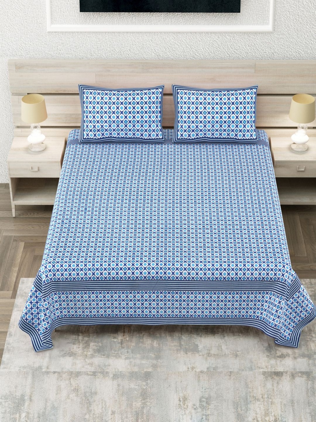 

DOLLIFI Blue Floral Cotton 300 TC Double King Bedsheet & 2 Pillow Covers 2.75 m X 2.75 m