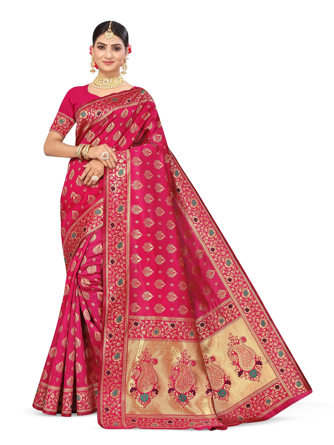 

Maroosh Floral Zari Silk Blend Banarasi Saree with unstitched blouse piece, Pink