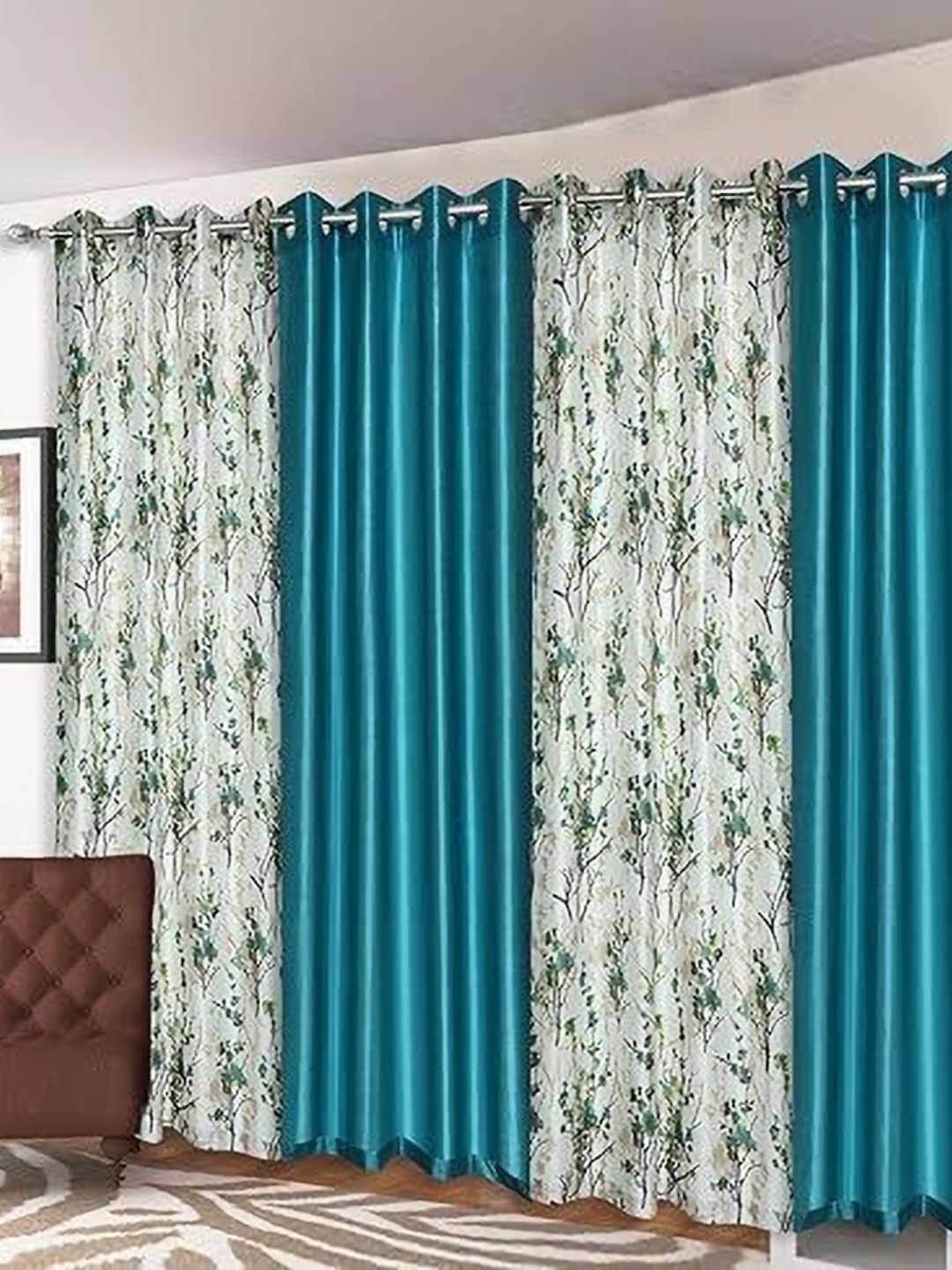 

Banchmark Home Furnishings Blue & White Set of 4 Floral Long Door Curtain