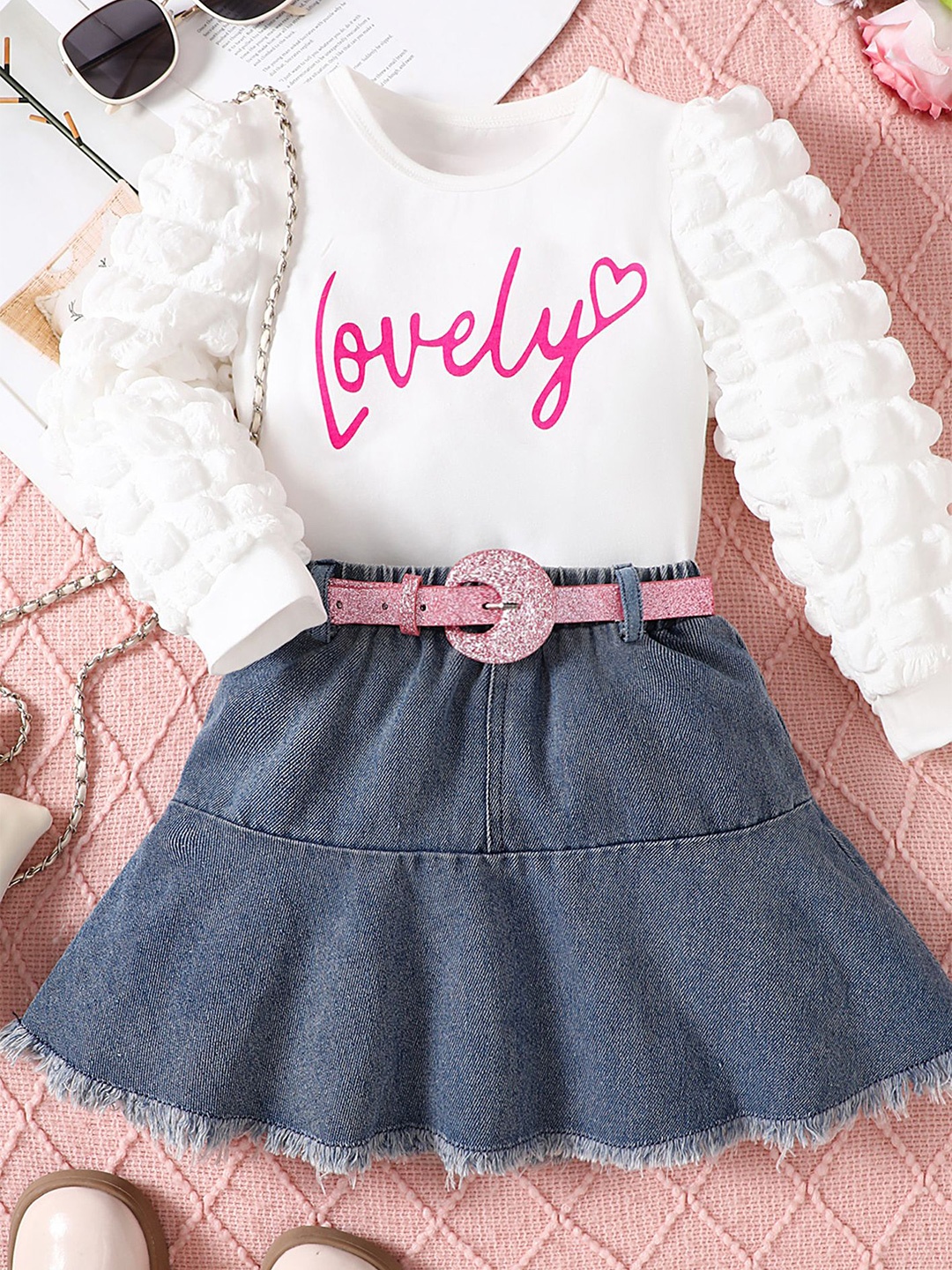 

LULU & SKY Girls Printed Top with Denim Skirt & Belt, White