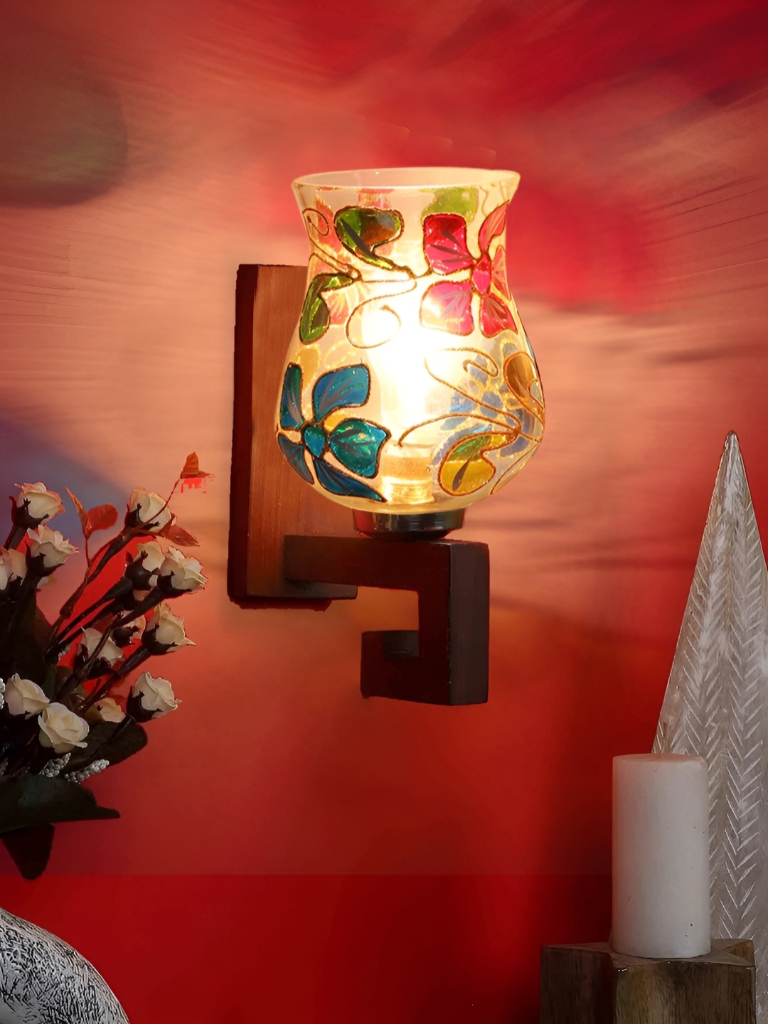

Devansh Blue & Red Printed Wood Traditional Wall Lamp