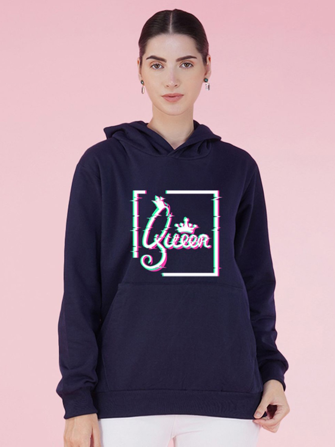

NUSYL Women Typography Printed Hood Fleece Pullover Oversized Sweatshirt, Blue