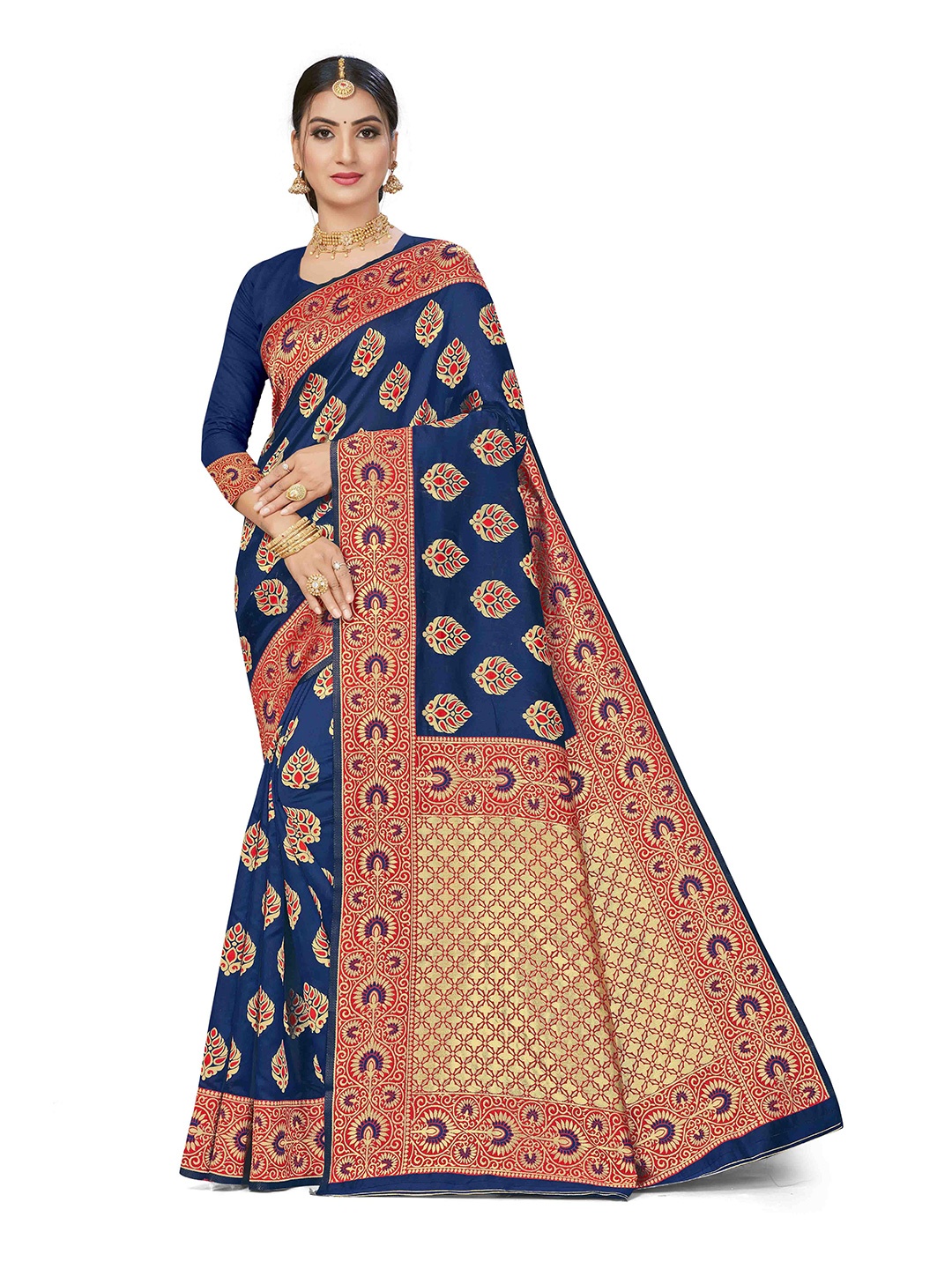 

Maroosh Floral Zari Silk Blend Banarasi Saree with unstitched blouse piece, Blue