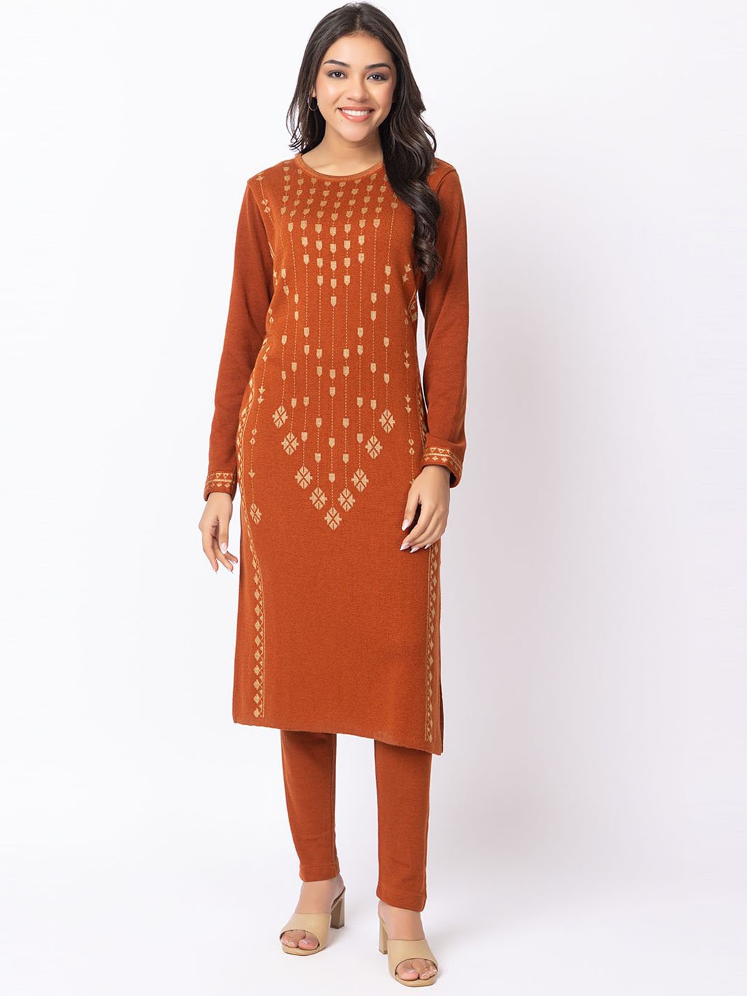 

KEIKO Ethnic Motifs Woven Design Knitted Jacquard Acrylic Straight Kurta With Trouser, Rust