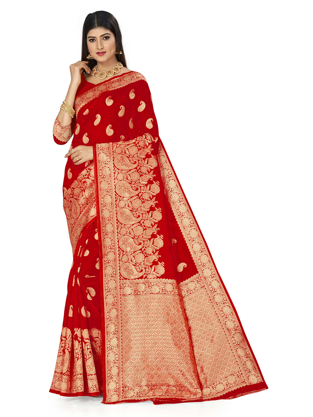 

Maroosh Floral Zari Woven Design Banarasi Saree, Red
