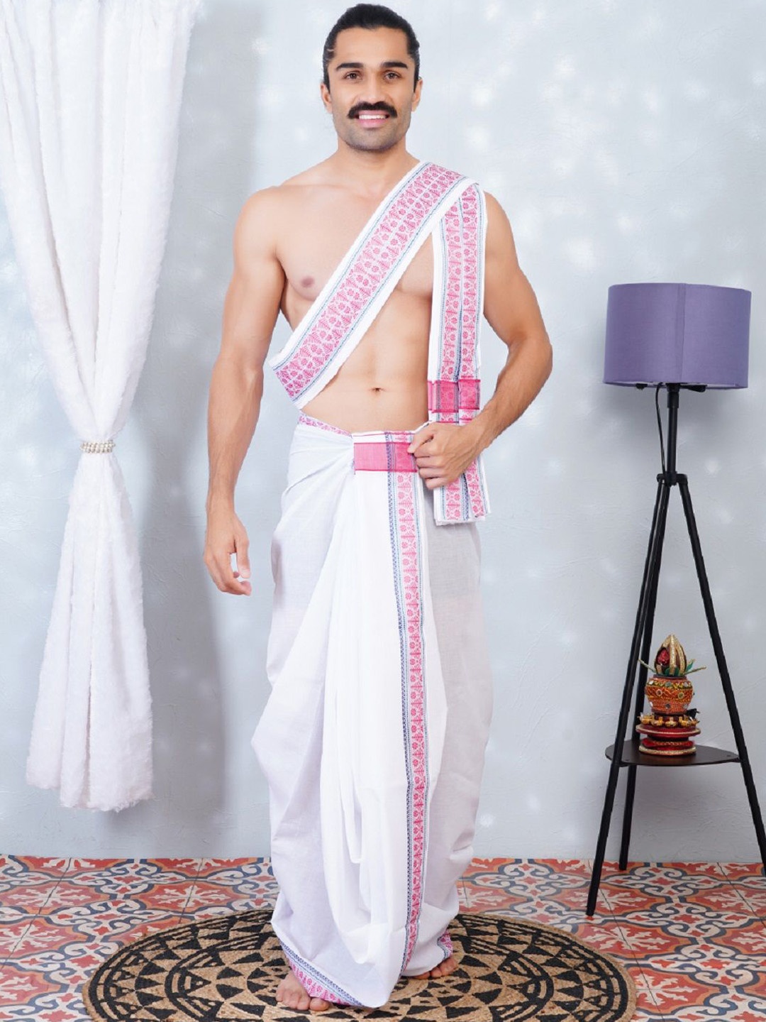 

Ramraj Men Embroidered Cotton Panchakacham Dhoti Pants With Angavastram, White