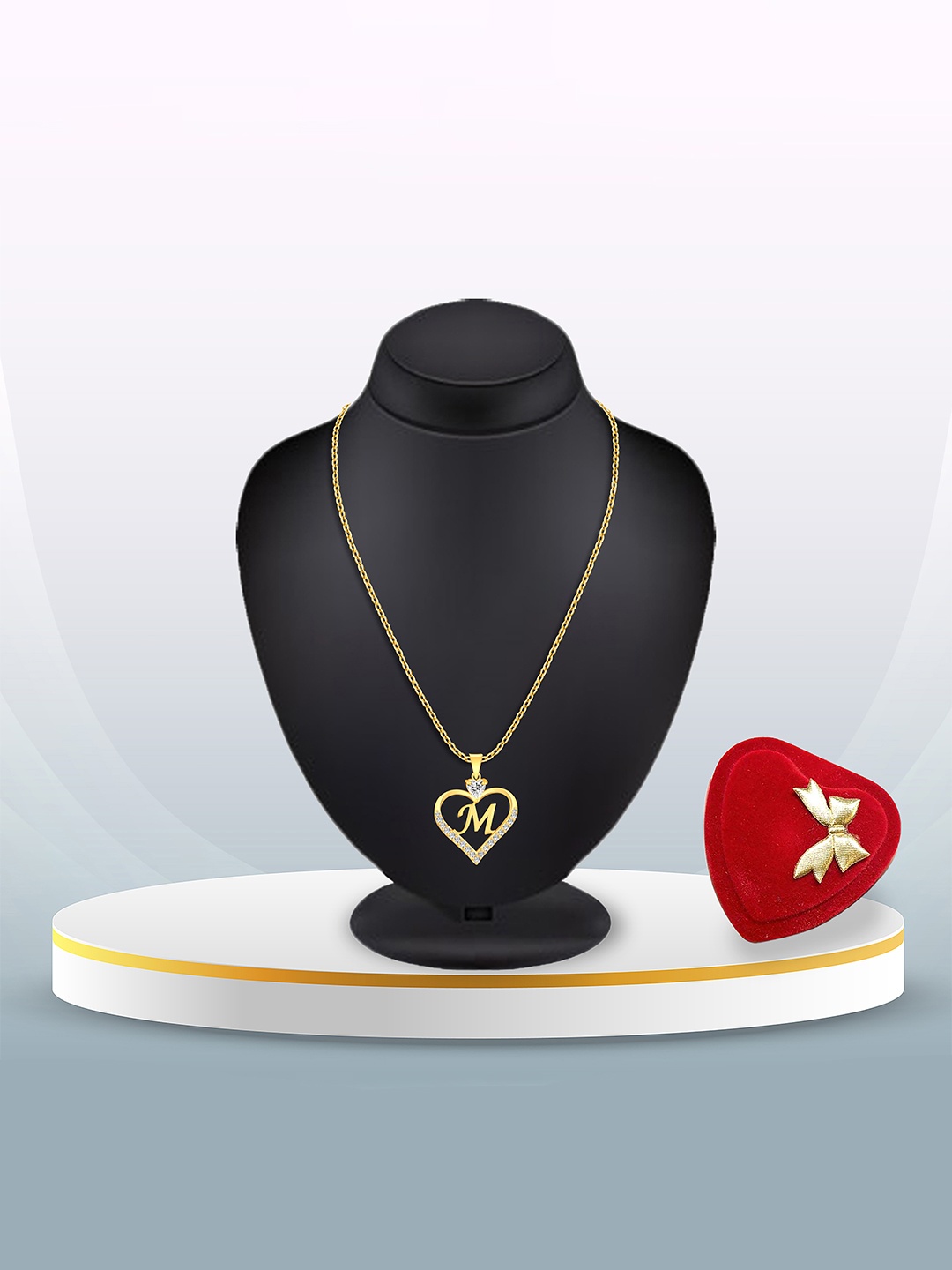 

Heer Collection Gold-Plated Stainless Steel CZ Alphabet M Heart Shaped Pendant & Chain