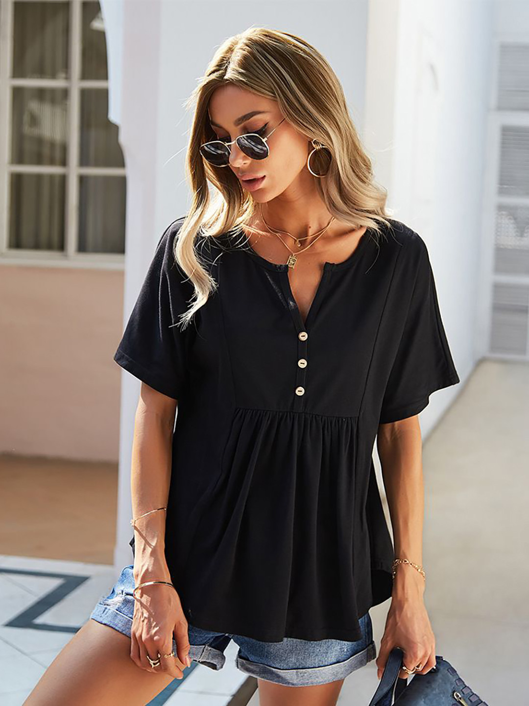 

StyleCast Women Solid V-Neck Cotton Top, Black