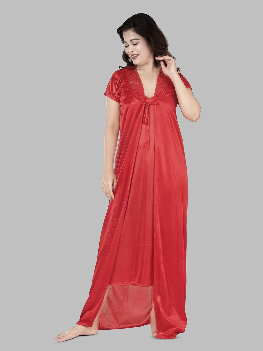 

BAESD Women High Gloss Nightdress, Red