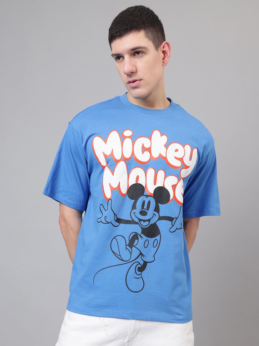 

Free Authority Men Mickey Mouse Graphic Printed Round Neck Cotton Oversized T-shirt, Blue