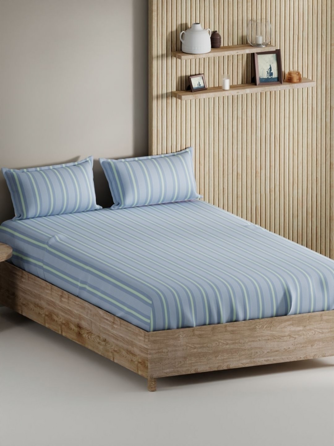 

BIANCA Palladium Blue Striped Pure Cotton 144 TC King Bedsheet Set 2.74 m X 2.74 m