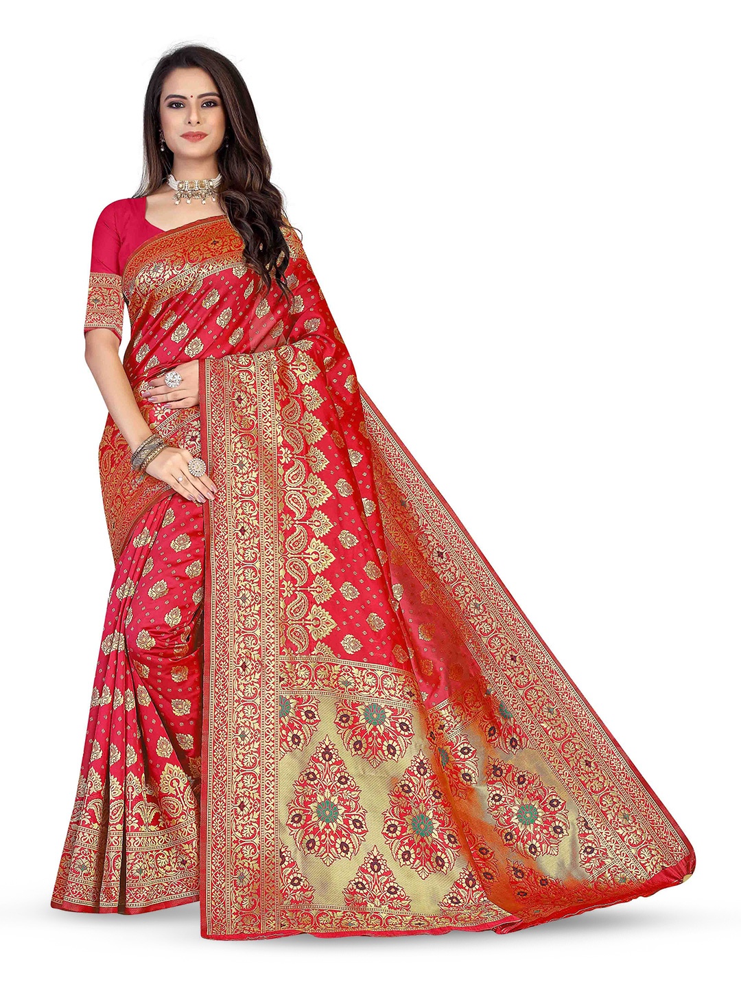 

Maroosh Floral Zari Silk Banarasi Saree, Red