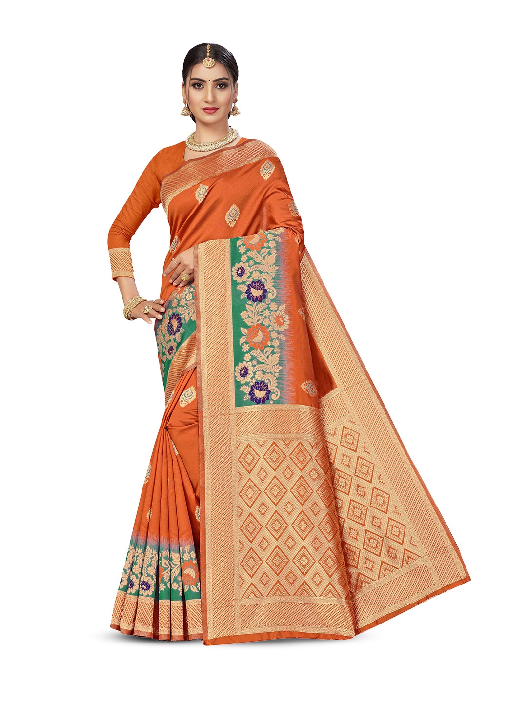 

Maroosh Floral Zari Silk Blend Banarasi Saree, Orange