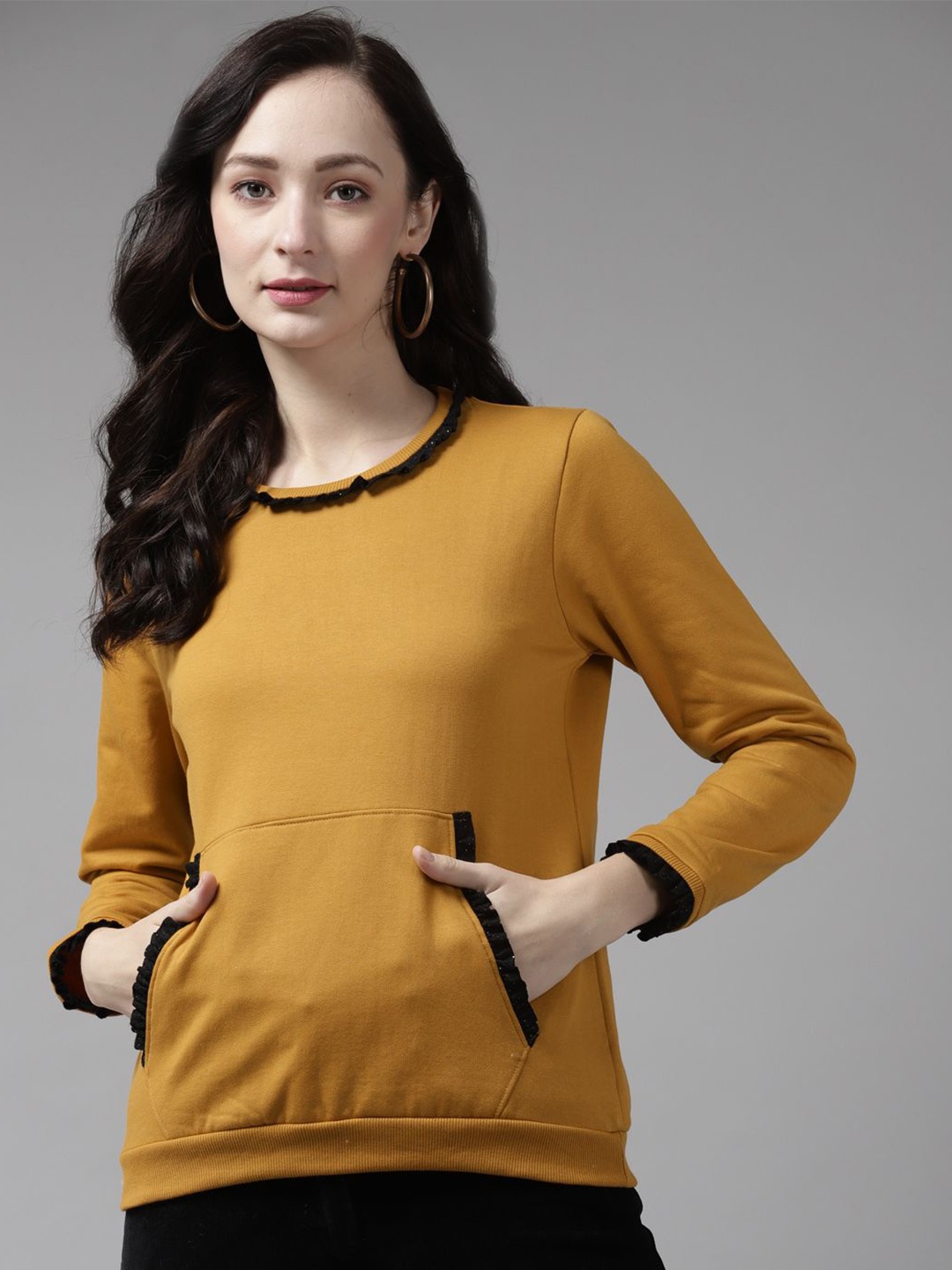 

Cayman Women Solid Round Neck Cotton Pullover Sweatshirt, Mustard