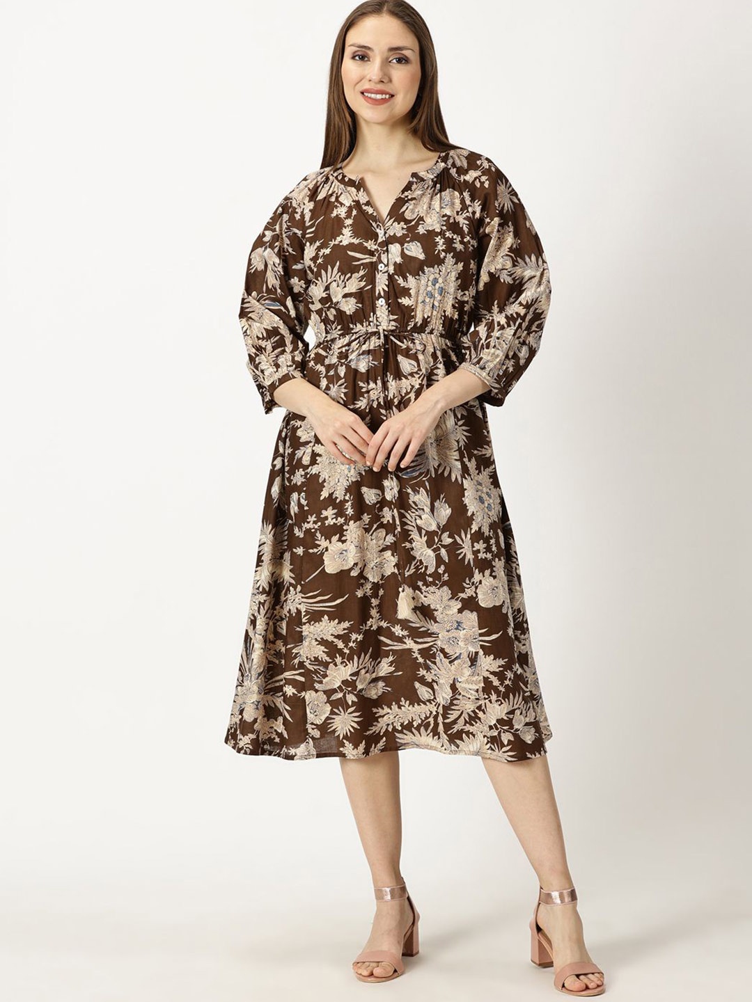 

Saffron Threads Women Tropical Printed Puff Sleeve Fit & Flare Midi Dress, Brown