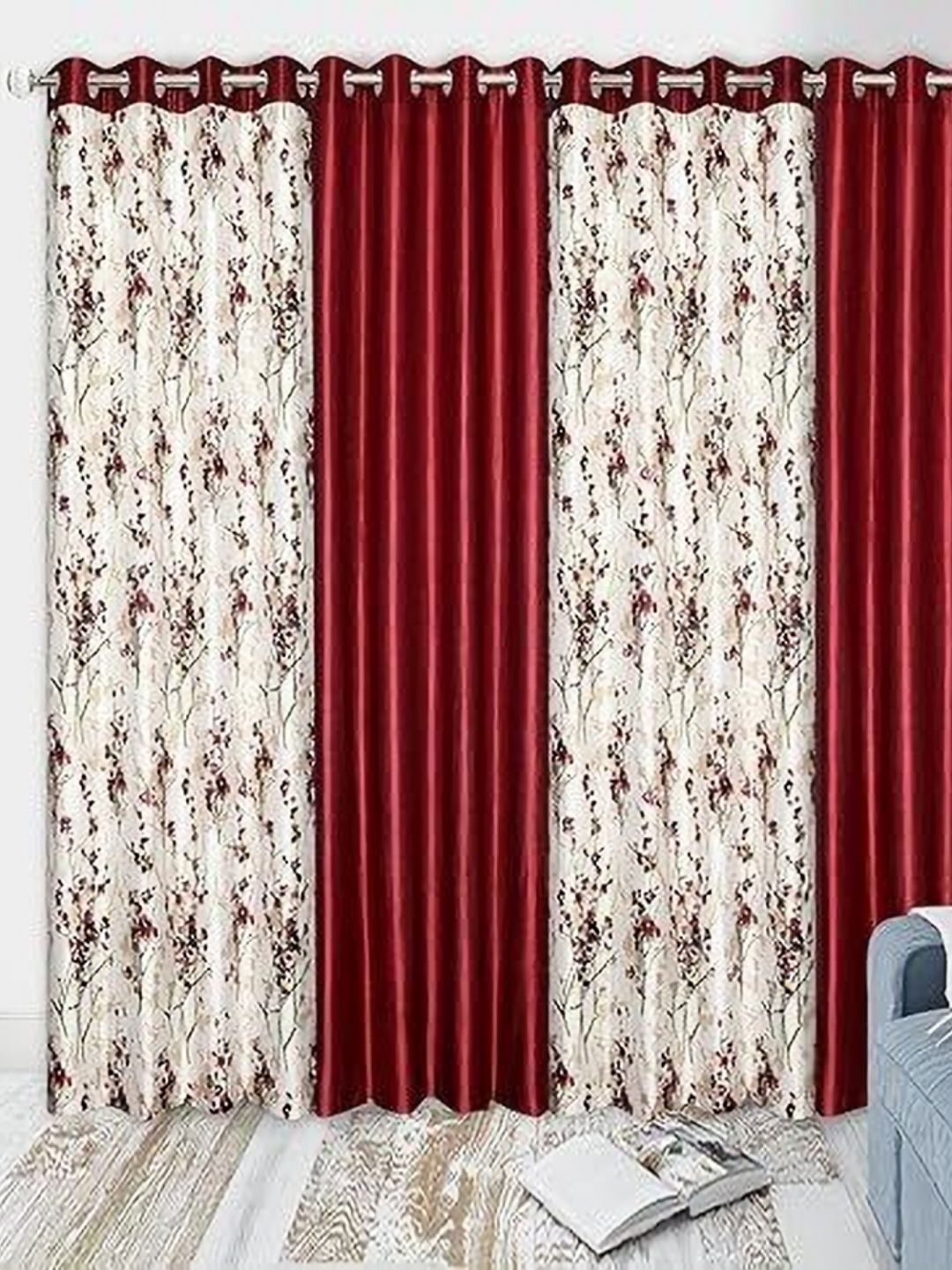 

Banchmark Home Furnishings Maroon & White Set of 4 Floral Long Door Curtain