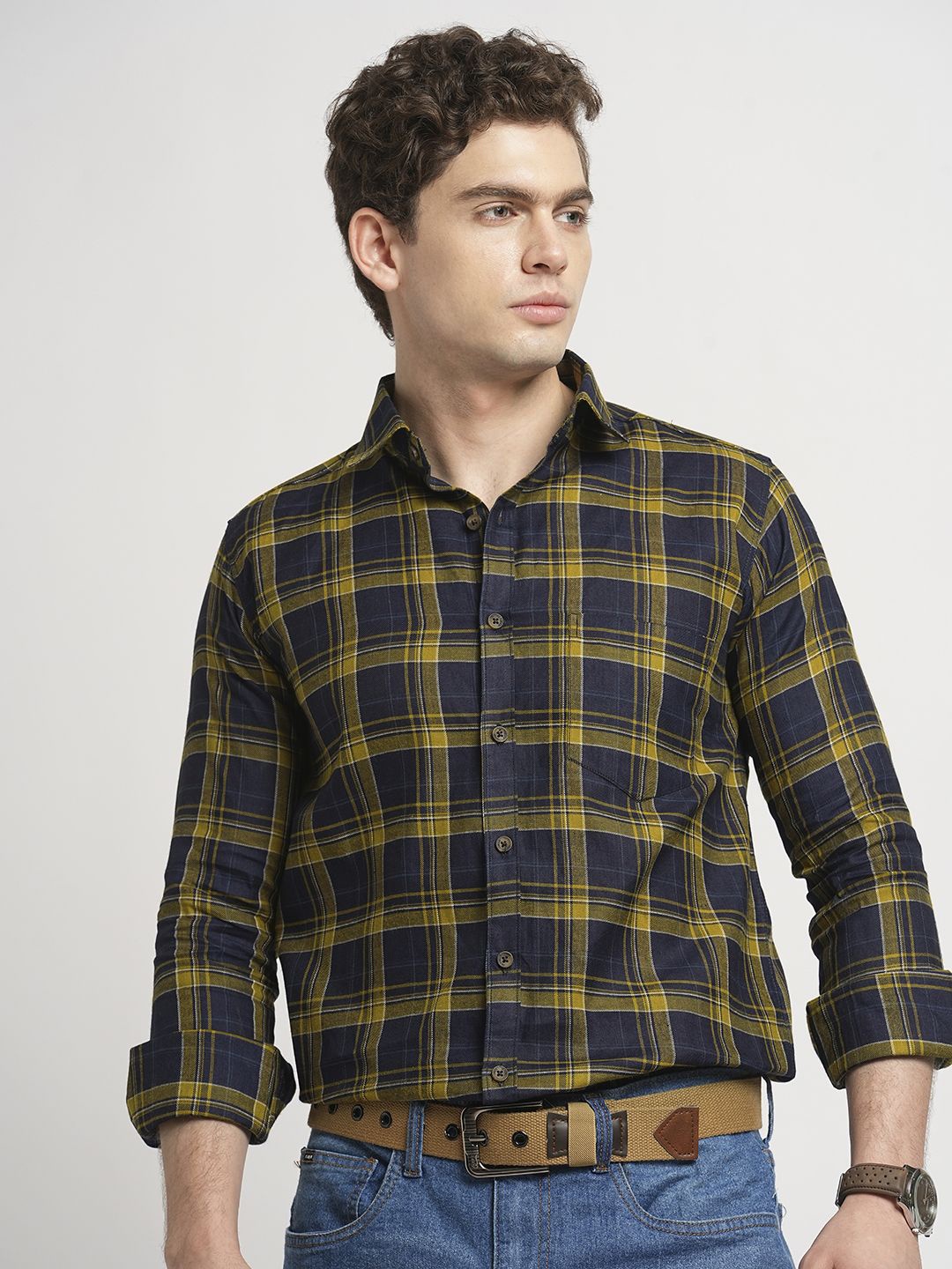 

TRYBUY.IN Men Standard Spread Collar Tartan Checked Cotton Casual Shirt, Navy blue
