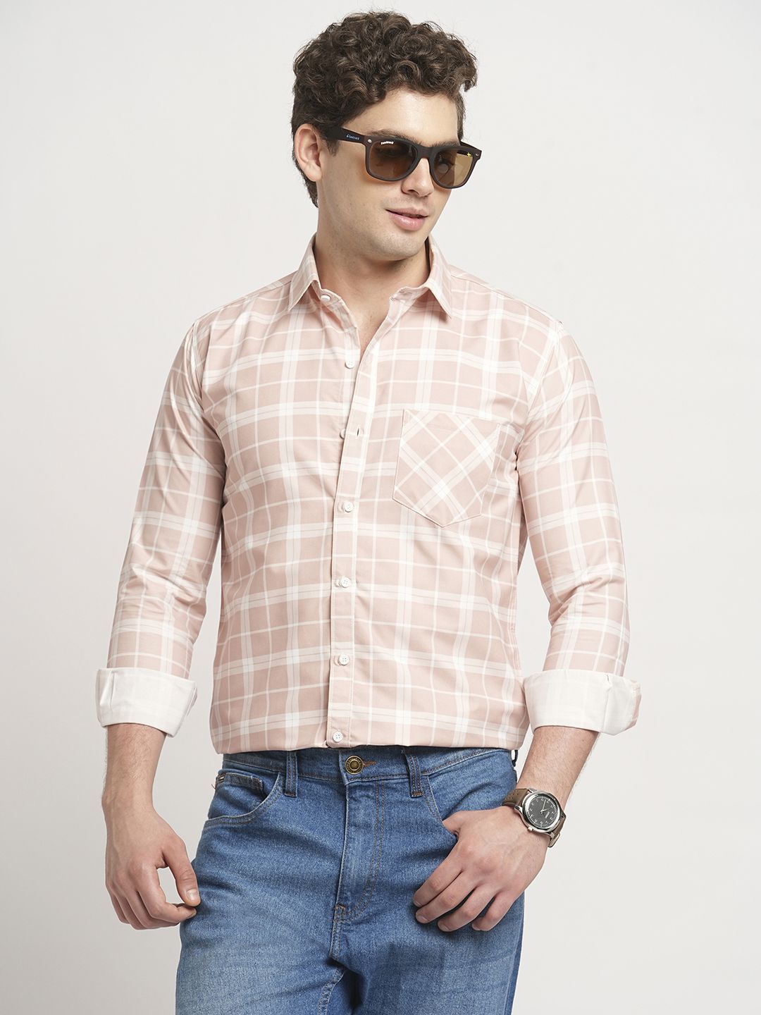 

TRYBUY.IN Men Standard Spread Collar Tartan Checked Cotton Casual Shirt, Peach