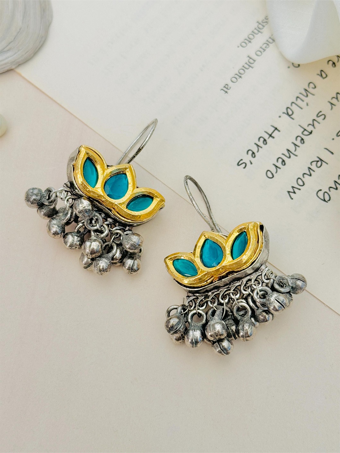 

ABDESIGNS Silver-Plated Stone Studded & Beaded Classic Drop Earrings