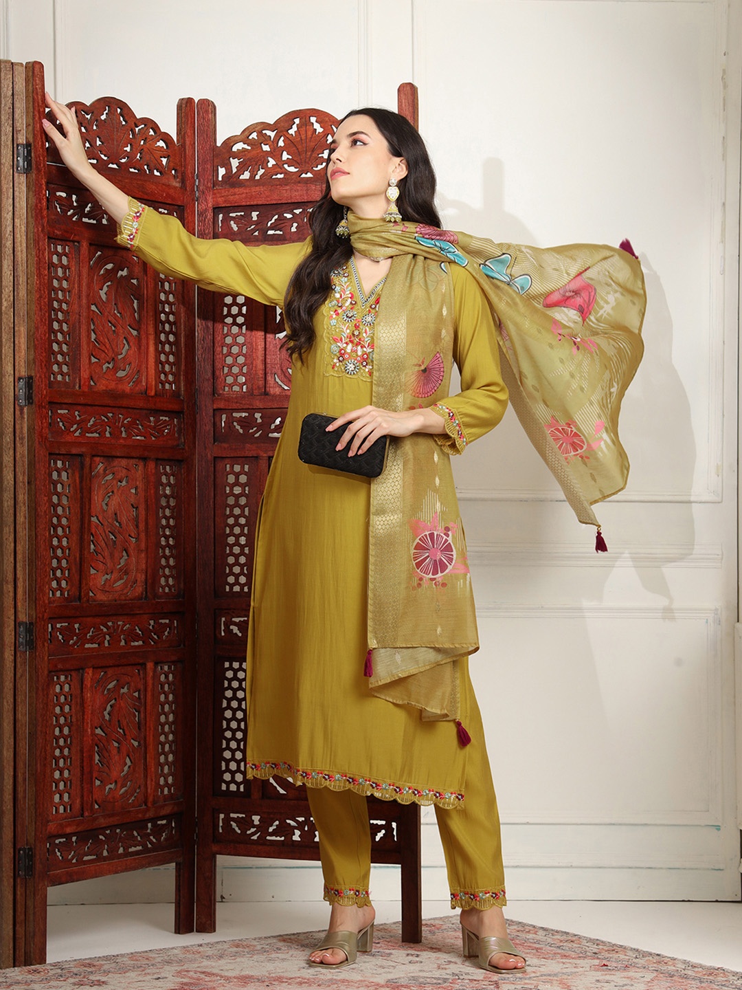 

Sangria Floral Embroidered Straight Kurta & Trousers With Dupatta, Mustard