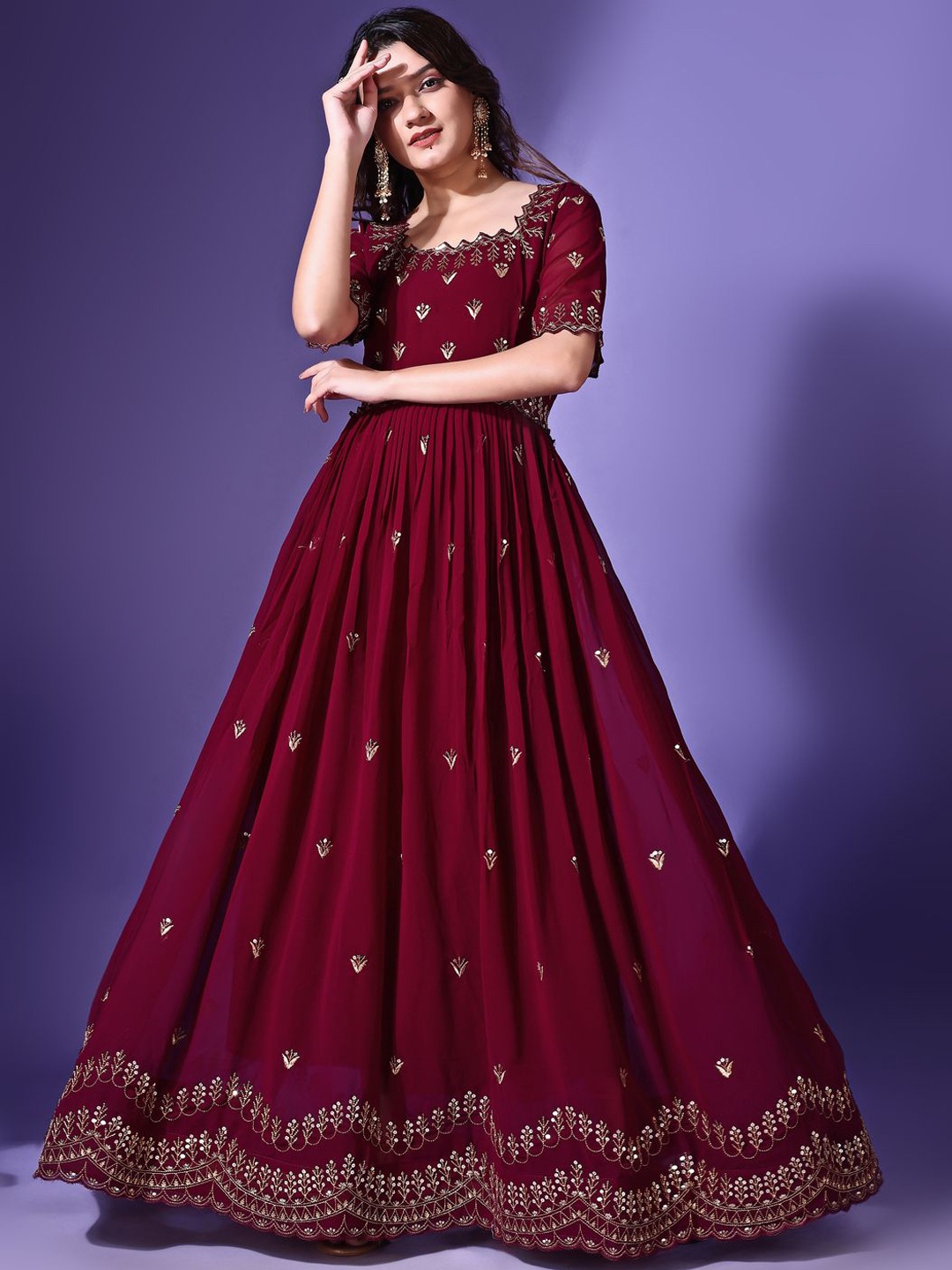 

KALINI Embroidered Fit & Flared Ethnic Dress, Maroon