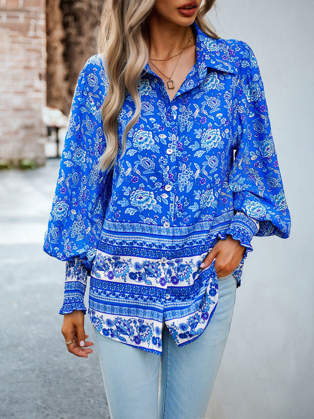 

StyleCast Women Floral Printed Shirt Collar Top, Blue