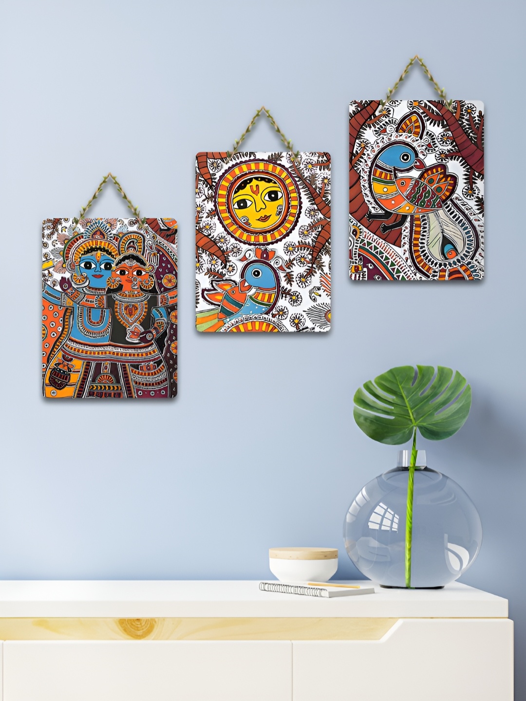 

ArtVibes Yellow & Blue 3 Pieces Madhubani Art Wooden Wall Hangings