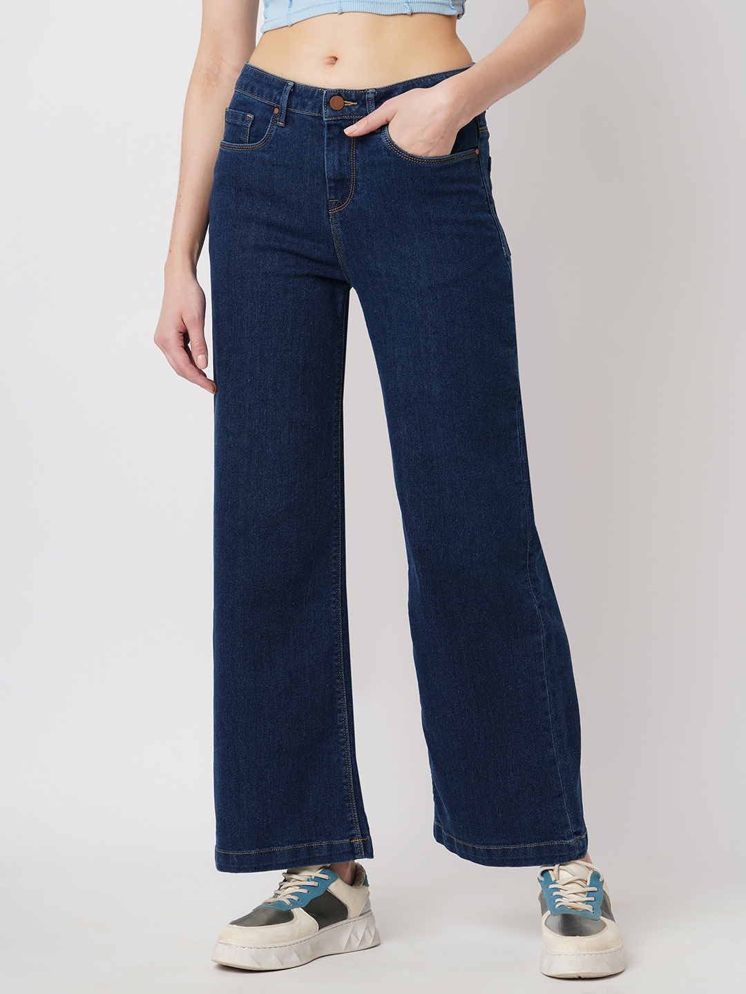 

Mast & Harbour Women Wide Leg Clean Look Cropped Jeans, Blue