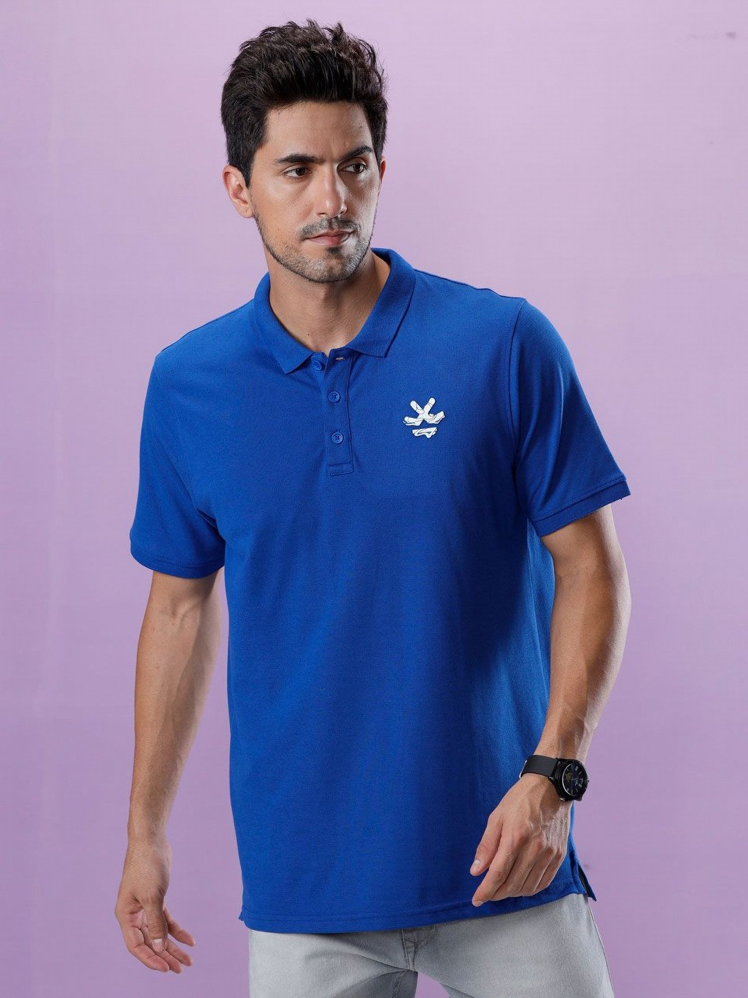 

WROGN Men Solid Polo Collar Cotton T-shirt, Blue
