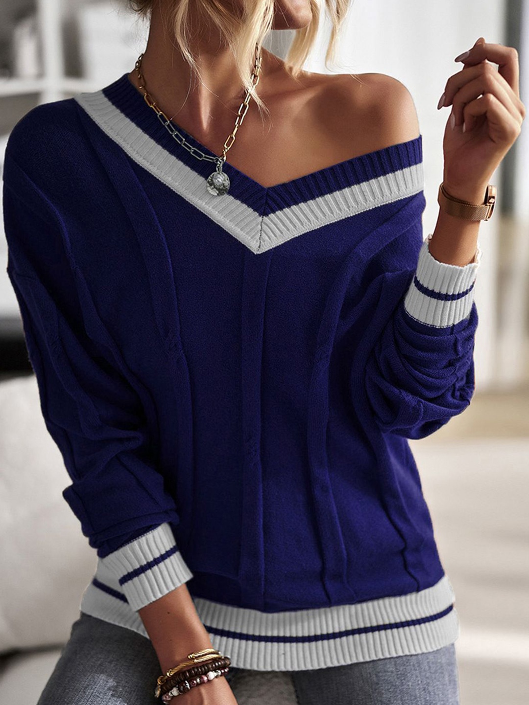 

StyleCast Women Cable Knit V-Neck Pullover Ribbed Sweater, Navy blue