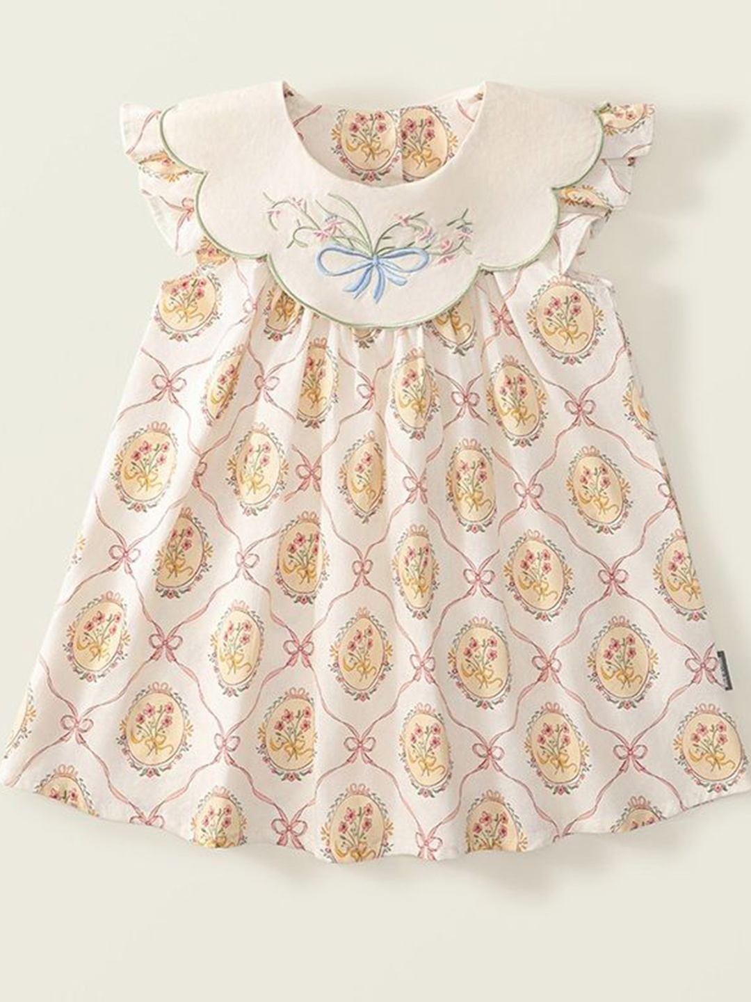 

LULU & SKY Girls Ethnic Motifs Printed Cotton A-Line Dress, Cream