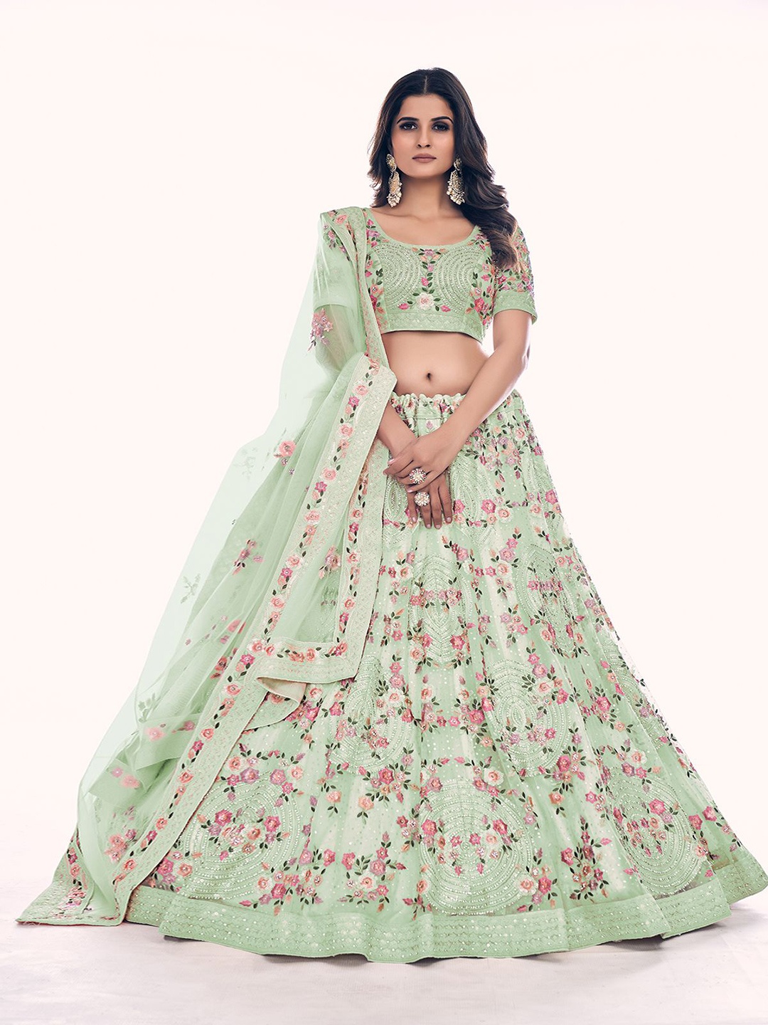 

ODETTE Floral Embroidered Beads and Stones Net Semi-Stitched Lehenga & Blouse With Dupatta, Olive