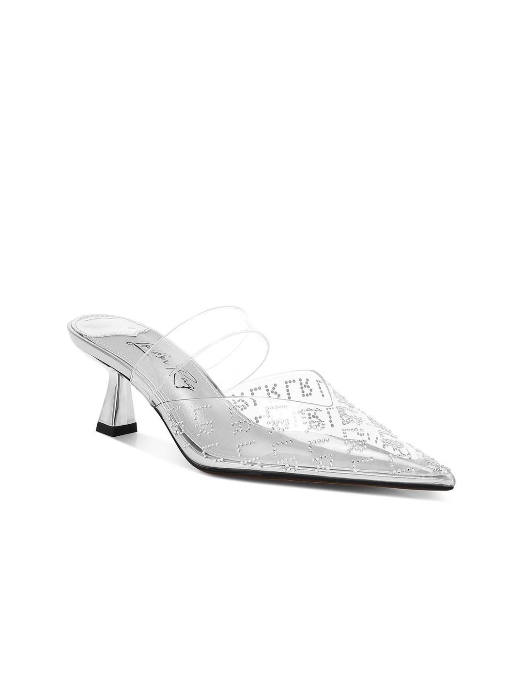 

London Rag Embellished Block Mules with Laser Cuts, Silver