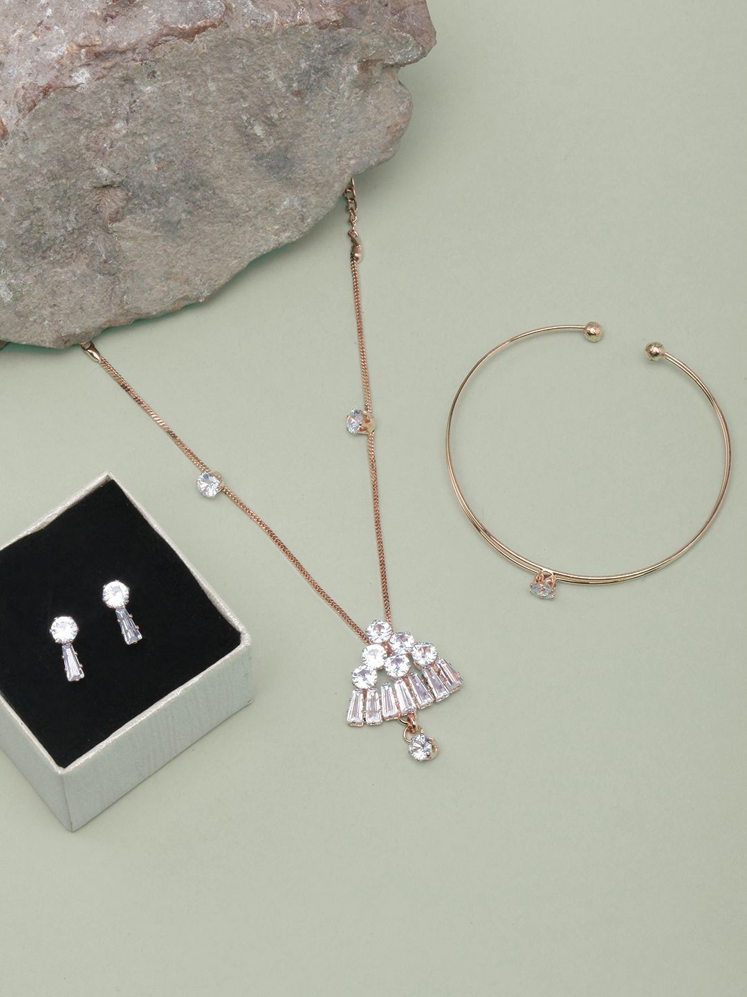 

KPOP Rose Gold-Plated CZ Stone-Studded Necklace & Earrings With Bracelet