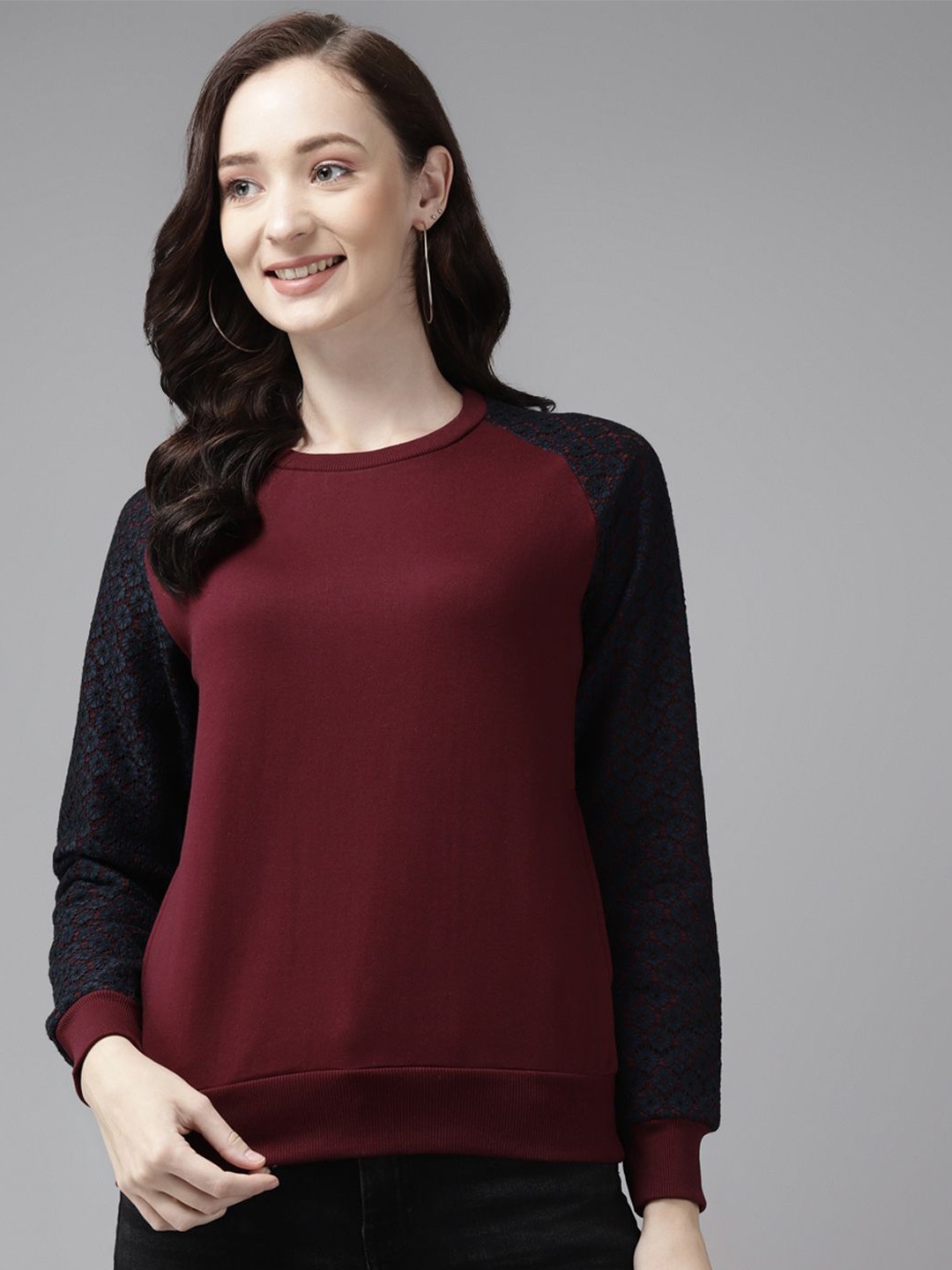 

Cayman Women Solid Round Neck Cotton Pullover Sweatshirt, Burgundy