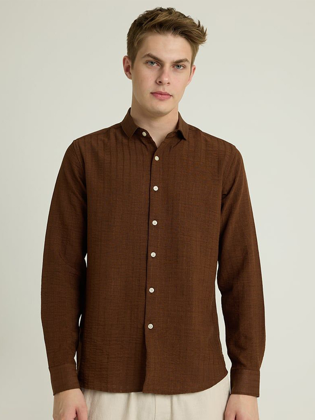 

Snitch Men Smart Spread Collar Textured Casual Shirt, Brown