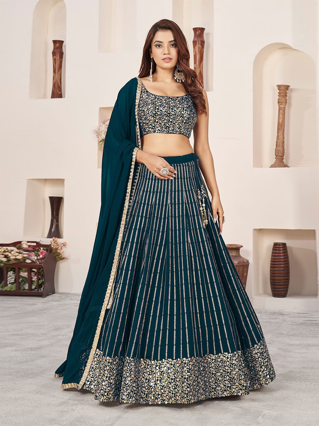 

ODETTE Embellished Sequinned Georgette Semi-Stitched Lehenga & Blouse With Dupatta, Teal