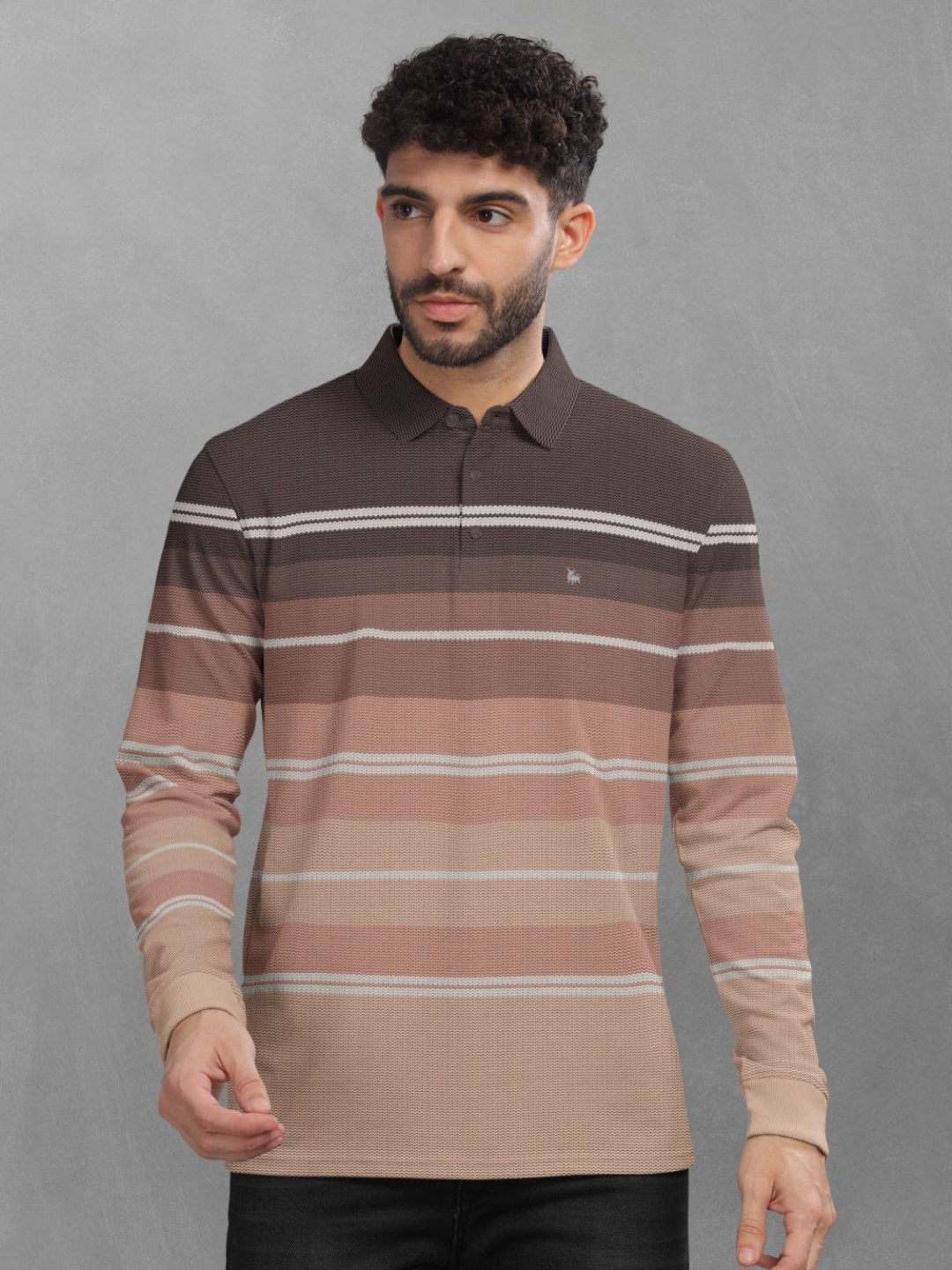 

BULLMER Men Striped Polo Collar Cotton T-shirt, Brown