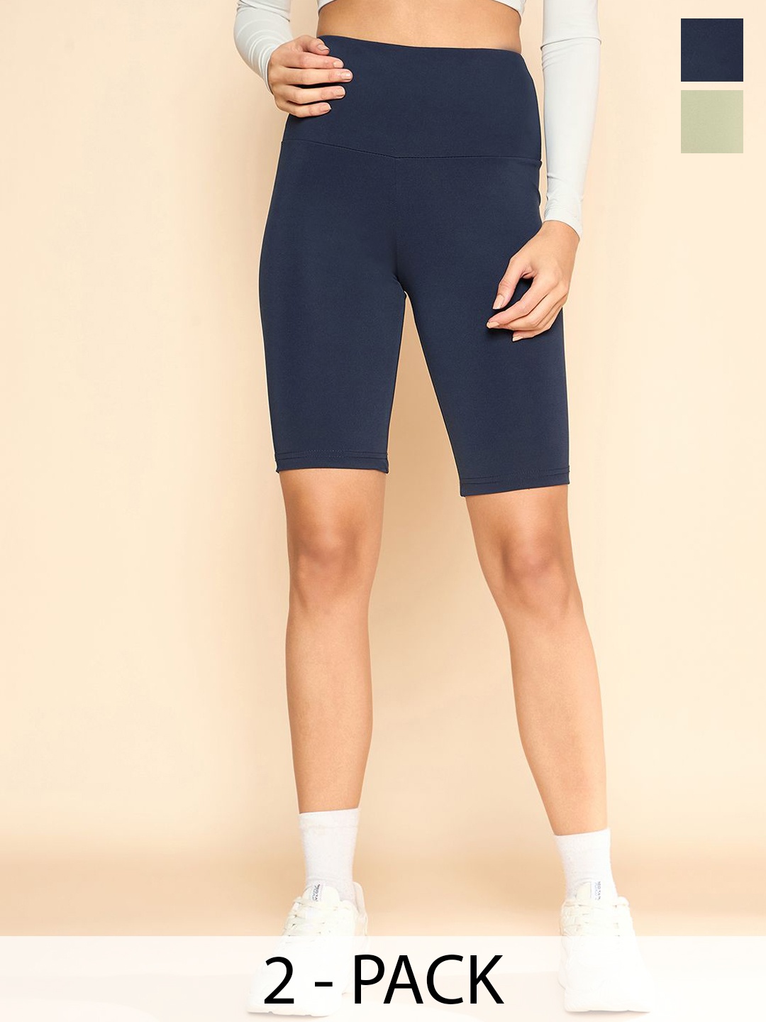 

COLOR CAPITAL Women Pack Of 2 Slim-Fit Above Knee-Length Cycling Tights, Navy blue