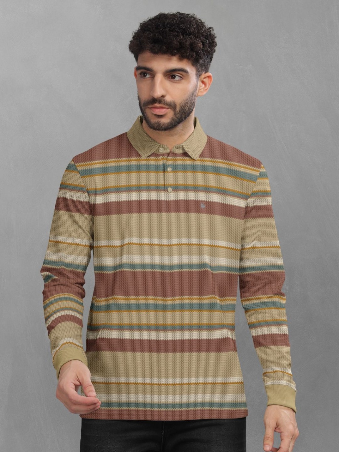 

BULLMER Men Striped Polo Collar Cotton T-shirt, Brown