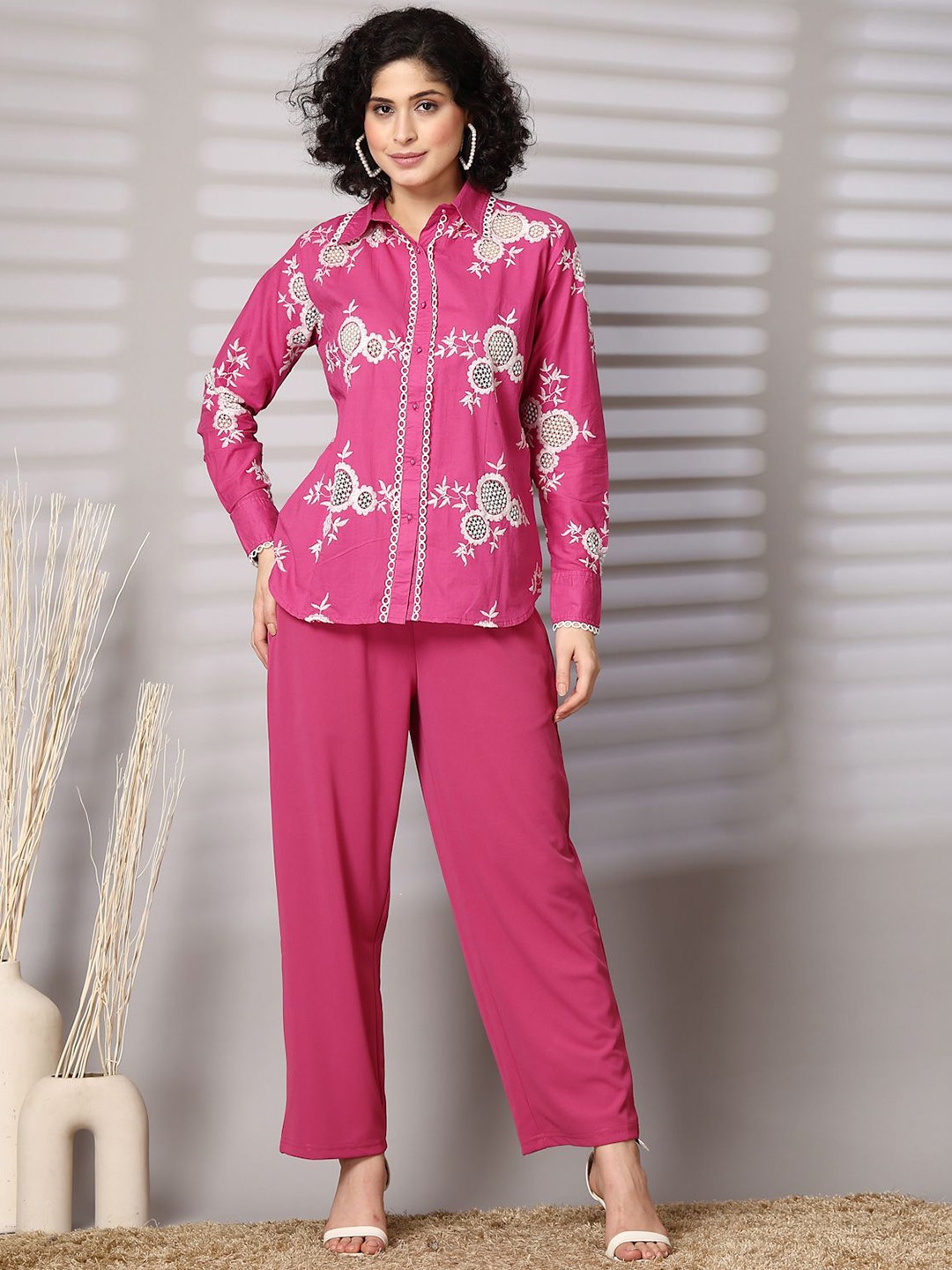 

plusS Women Embroidered Pure Cotton Shirt With Trousers Co-Ords Set, Pink
