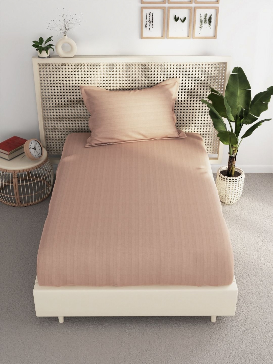 

BIANCA Hilton Beige Striped Pure Cotton 210 TC Single Bedsheet Set 1.60 m X 2.36 m